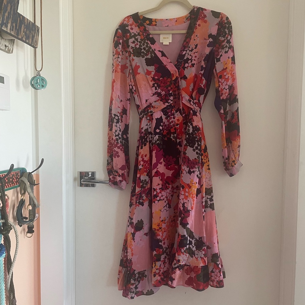 Midi silk dress from Anthropologie in an abstract floral print, size 4